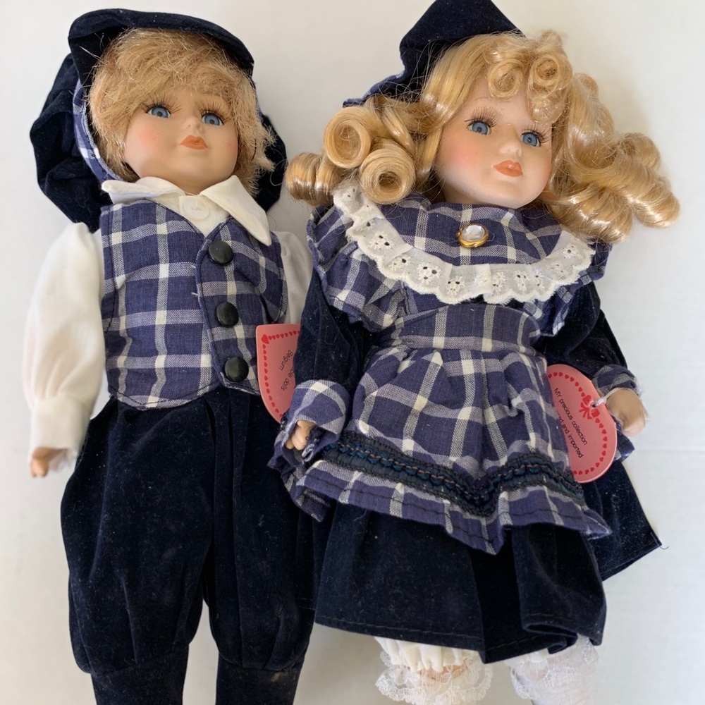 Collectible Porcelain twin Dolls blond Girl & Boy blue eyes matching clothes new